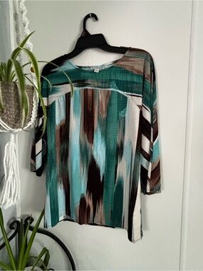 Dana Buchman Teal and Brown Abstract Stripe Long Sleeve Top